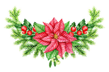 Christmas wreath. Holly Berry, Red Poinsettia and Pine Brunches Border. Christmas Symbols....