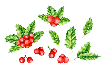 Holly Berry Brunches. Christmas wreath. Christmas Symbols. Watercolor illustration
