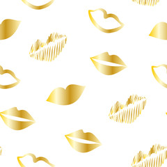 Seamless pattern with golden lips on white background. Valentines day ornament for textile and wrapping.