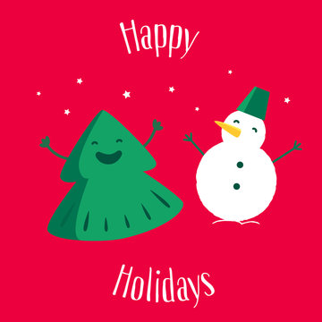 Fun Christmas tree with snowman on red background. Happy Holidays.  Greeting card. Vector illustration.