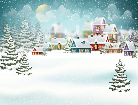 Winter village in the pine forest