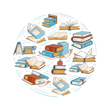 Sketch doodle drawing books, library, book club vector logo