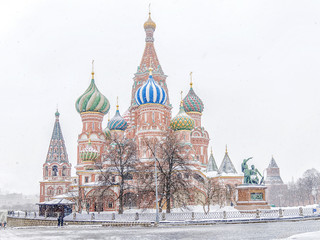 winter view of the St. Basil's Cathedral in the snow storm. Mosc