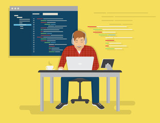 Programmer is working with laptop. Flat modern illustration of young happy man coding a new project using laptop and tablet pc. Computer window with code behind him isolated on yellow background