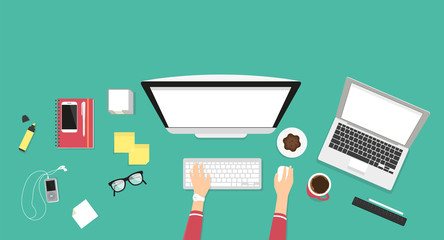 Human female hands typing on the computer keyboard using laptop with white screen. Business desktop illustration on green background with screen blank for placing website screenshots