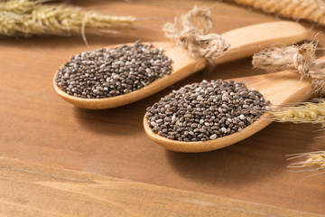 Close-up organics chia seed in a wooden spoon, food for slimming