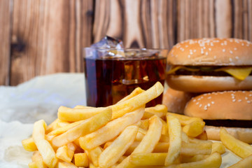 French fries with cheeseburger and chips