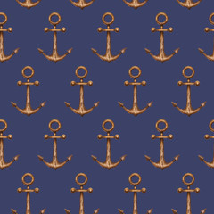 Handwork watercolor seamless pattern with brown wooden anchor on blue background. - 130999130