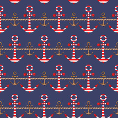 Handwork watercolor seamless pattern with anchor with red and white stripes and
rope on blue background. - 130999139