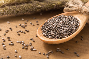 Close-up organics chia seed in a wooden spoon, food for slimming