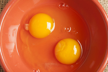 two eggs, broken in a bowl