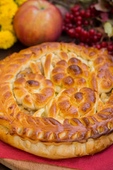 Apple pie on a wooden table. Top view. Close-up