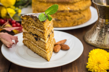 Traditional Hungarian Esterhazy cake .selective focus . with chocolate piece a name of the : 