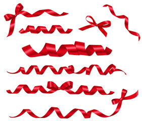 Set of decorative red ribbons and bows for gift decor isolated on white. Vector holiday decoration