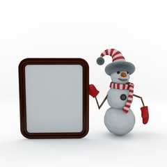 Snowman shows blank board. Isolated on white background.