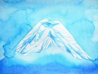Fuji mountain watercolor painting on paper, hand drawing