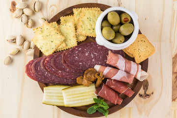 Starter plate with sliced salami and  proscuitto.