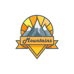 Line art logo with mountains, sun and ribbon. Travel concept. Vector illustration. Badge with mountains