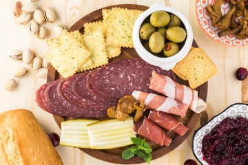 Starter plate with sliced salami and  proscuitto.
