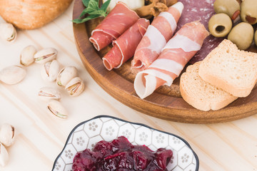 Starter plate with sliced salami and  proscuitto.