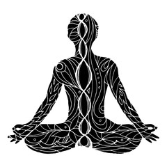 7 chakra vector sign symbol, lotus pose yoga with mudra hand