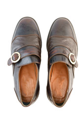 Leather shoes / View of old leather shoes on white background. Top view.