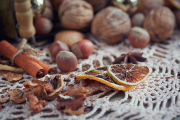 Variety of nuts in Christmas and New Year decoration