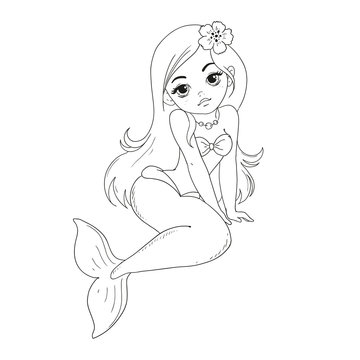 Cute cartoon character mermaid. Fairytale mermaid for coloring book.