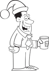 Black and white illustration of a man wearing a Santa hat.