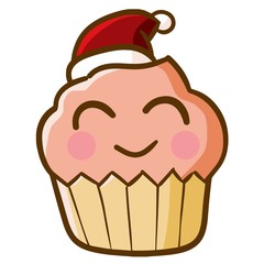 Smiley pink cupcake wearing santa's hat for christmas - vector.