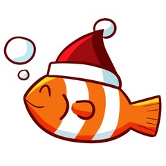 Cute and funny clown-fish wearing santa's hat for christmas - vector.