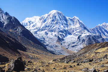 Mountain peak with blue sky in Nepal, Annapurna South Peak