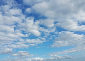 Naklejka na ściany i meble Beautiful fluffy clouds in blue sky, natural background 
