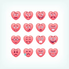 Set of heart shape emoticons. Vector romantic and valentines smileys, emojies.