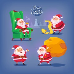 Collection of cartoon vector Santa Claus icons. Christmas illustration