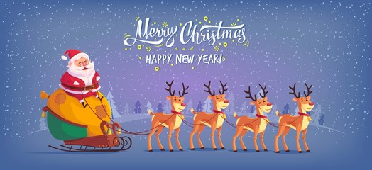 Cute cartoon Santa Claus riding reindeer sleigh Merry Christmas vector illustration Greeting card poster horizontal banner © painterr