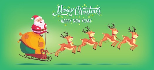 Cute cartoon Santa Claus riding reindeer sleigh Merry Christmas vector illustration Greeting card poster horizontal banner
