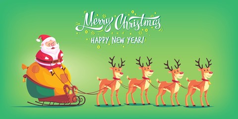 Cute cartoon Santa Claus riding reindeer sleigh Merry Christmas vector illustration Greeting card poster horizontal banner