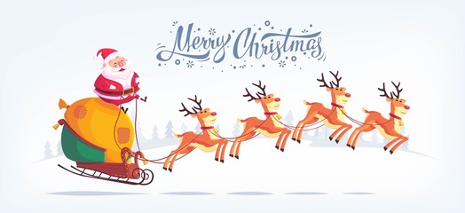 Cute cartoon Santa Claus riding reindeer sleigh Merry Christmas vector illustration Greeting card poster horizontal banner