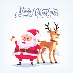 Cute cartoon Santa Claus ringing bell and funny reindeer Merry Christmas vector illustration Greeting card poster horizontal banner