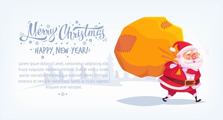 Cute cartoon Santa Claus delivering gifts in big bag Merry Christmas vector illustration Greeting card poster horizontal banner