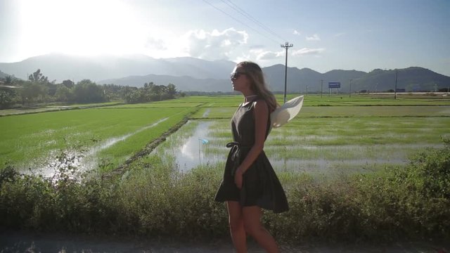 beautiful woman at rice fields, Vietnam. HD 1080p