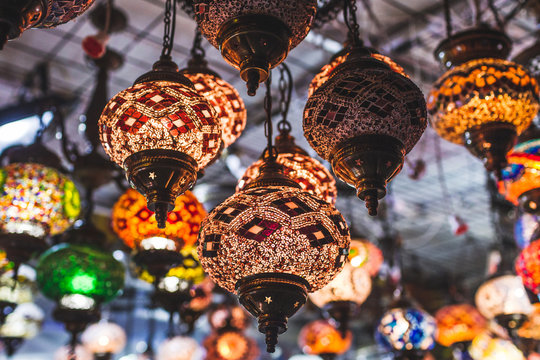 Amazing traditional handmade turkish lamps in souvenir shop. Mos
