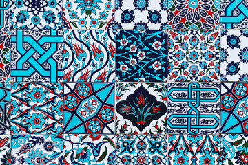 Seamless pattern white Turkish tiles with blue ornaments. Old