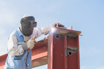 Welding work,worker with protective welding metal on constructio