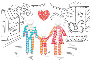 Family healthcare / Creative healthcare concept made of drugs and pills, on sketchy background. Family holding hands.