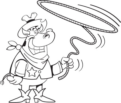 Black and white illustration of a cow dressed as a cowboy twirling a lasso.