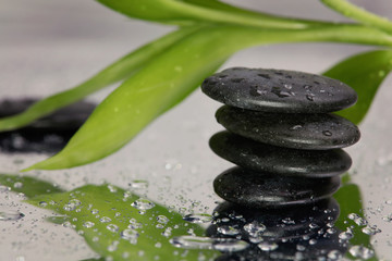 Obraz na płótnie Canvas Spa concept. Volcanic rocks and bamboo on reflective background with raindrops. Relaxation, body care treatment, wellness