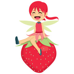 Fototapeta premium Cute little strawberry fairy sitting happy in big red strawberry fruit