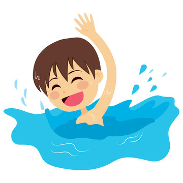 Cheerful and active little kid swimming happy on water